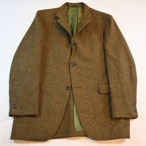 Vtg 1960s USA Made 44R Green Herringbone Wool Tweed Blazer Jacket Sport Coat